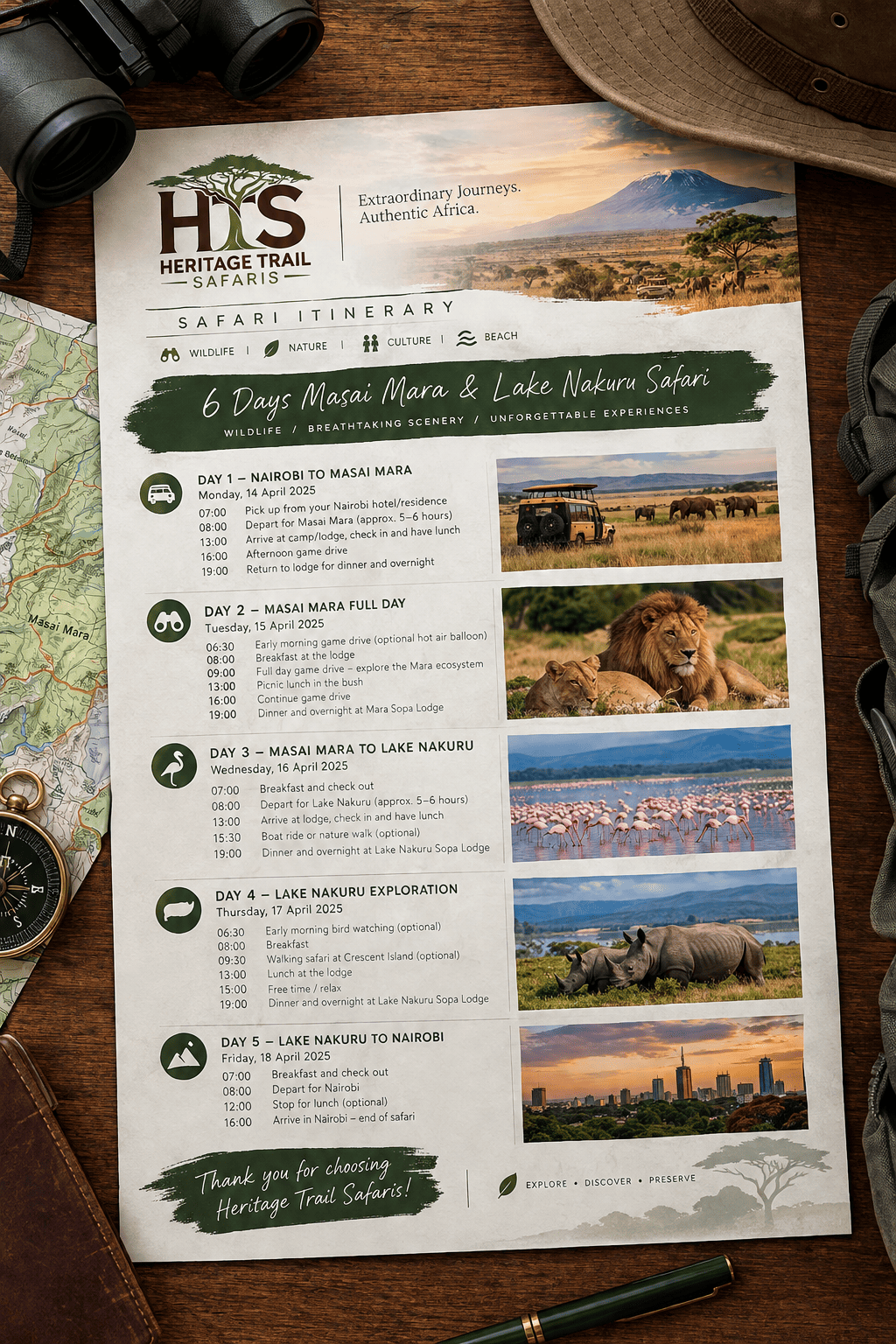 Heritage Trail Safaris sample safari itinerary on a travel desk with binoculars, map and compass